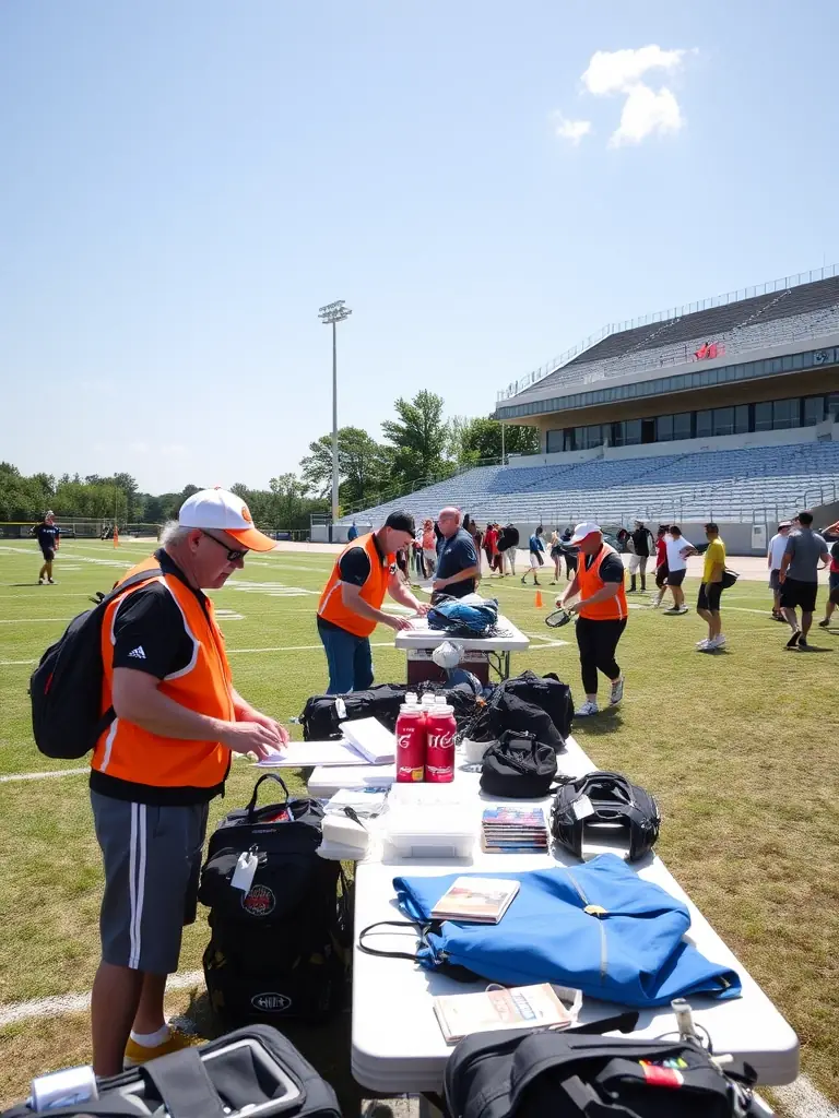 Volunteers organizing equipment and setting up a flag football field, demonstrating logistical support and community involvement.